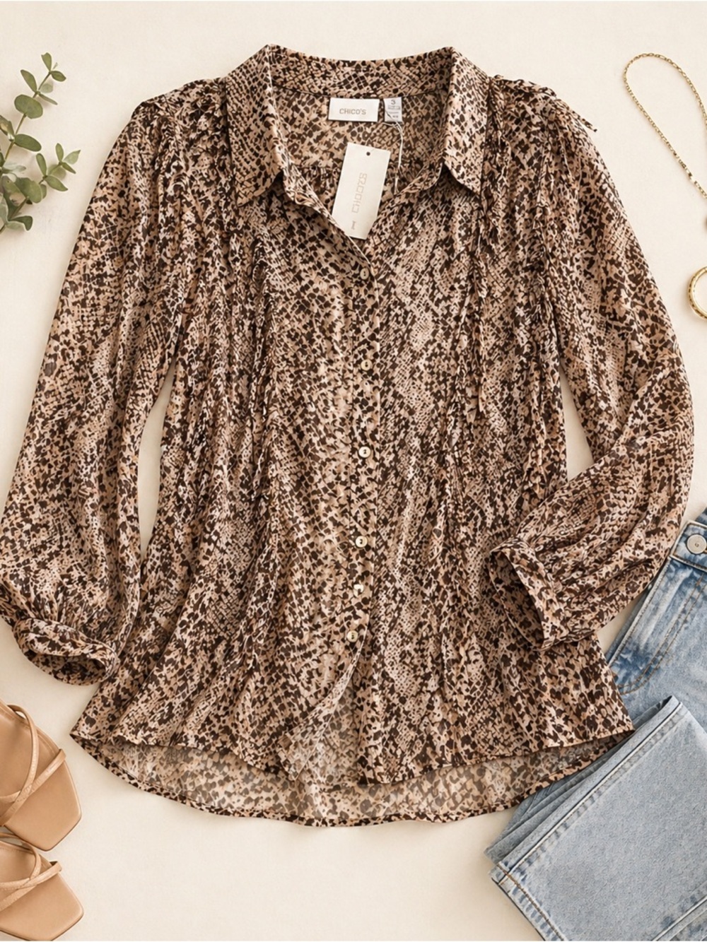 Anthro Style Neutral Snake Print Blouse Chico’s NWT Size 3 Flowy Boho Top